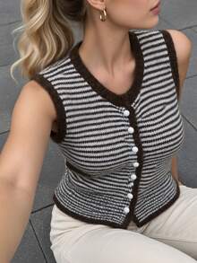 Autumn Striped V-Neck Front Button Knit Vest, Thanksgiving Layering Outerwear Top, Suitable For Weekend Gatherings And Daily Outings - Brown - View 1