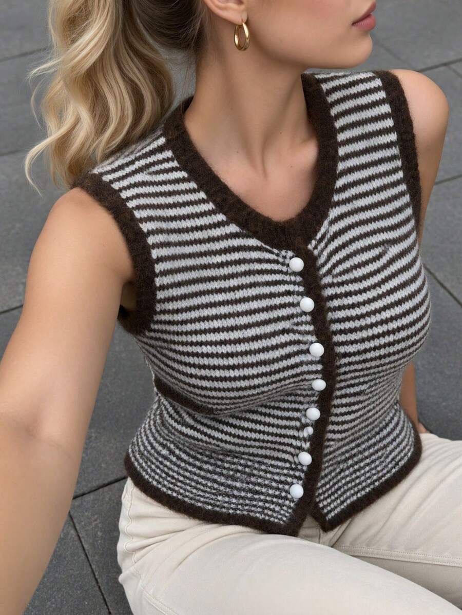 Autumn Striped V-Neck Front Button Knit Vest, Thanksgiving Layering Outerwear Top, Suitable For Weekend Gatherings And Daily Outings - Brown - View 1