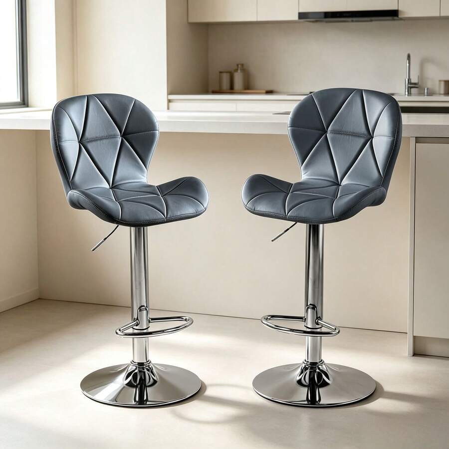 Set de 2 Bancos para Barra y Desayunador, Color Gris, Estilo Moderno Minimalista, Asiento de Vinipiel, Respaldo Ergonómico, Altura Ajustable, Base de Metal, Diseño Fino y Elegante para Cocina, Comedor y Hogar - Gris - Ver 1