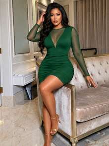BIUBIU Gaun Hijau Ukuran Besar, Pas Badan, Lengan Panjang, Leher Bulat, Bahan Rajut dengan Detail Jala Kontras, Detail Lipit, Cocok untuk Pesta - Dark Green - View 2