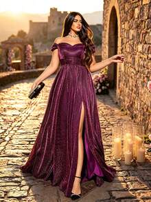 Plus Size Elegant Cold Shoulder Ruched Waist Metallic Thread High Slit A-Line Long Dress, Formal Evening Gown For Party, Wedding, Daily Wear - Hot Pink - View 4