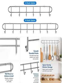 2pcs Kitchen Wall Hooks & Hanging Rod, Kitchen Utensil Storage Rack, Drill-In Or Adhesive Installation (No Drilling Required), Includes Mounting Accessories, Suitable For Storing Spatulas, Ladles, Whisks, Towels And Cookware - Multicolor - View 7