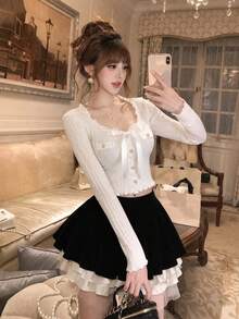 Autumn/Winter New Bow Ribbon Sexy Style Fitted Short Cardigan With Frill Trim, Single-Breasted Metal Buttons, Long Sleeves, Suitable For Outings, Dates, Vacations, Parties, Commuting - Milky White - View 2