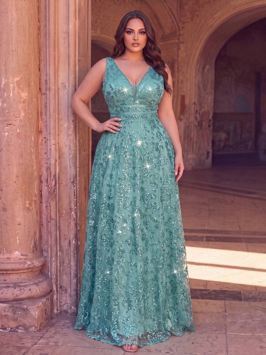 Plus Size Elegant Deep V-Neck Sequin Lace Evening Gown, Sleeveless A-Line Waist Design, Suitable For Photography, Beach Vacation - Green - View 1