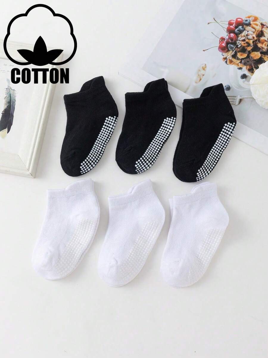 6 Pairs Kids Anti-Slip Grip Short Socks, Toddler Solid Color Rubber Dot Non-Slip Floor Socks - Black and White - View 1