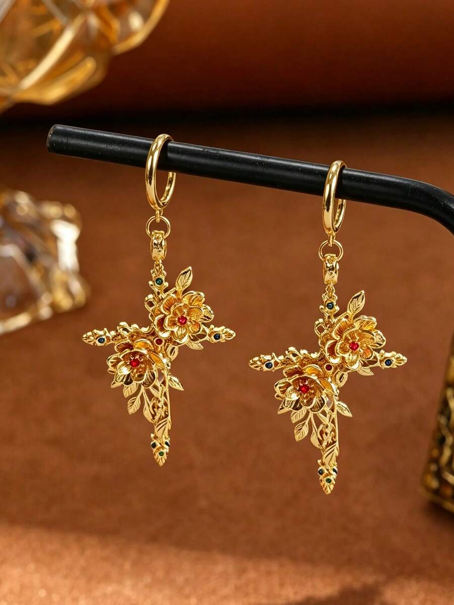 1Pair Elegant Flowers Cross Shape Dangle Earrings For Women, Jewelry For Wedding/Vacations/Festival - Flower Cross Earrings - View 1