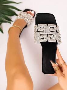 Women's Handmade Rhinestone Embellished Full Crystal Focal Element Greek Key Geometric Pattern Square Toe Single Strap Flat Slide Sandals, Luxury Style For Party And Date, Summer Silver PU Faux Leather Slippers - Silver - View 1