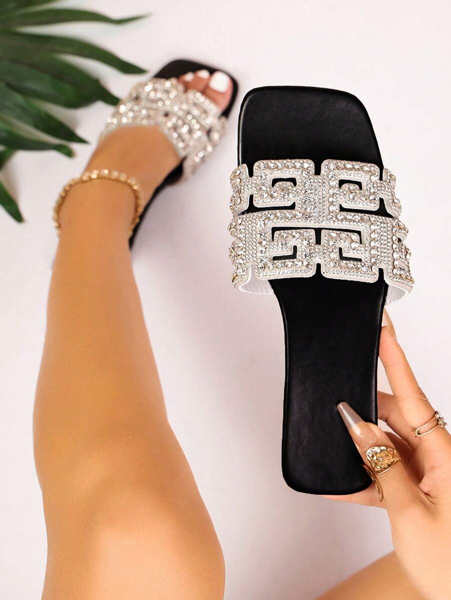 Women's Handmade Rhinestone Embellished Full Crystal Focal Element Greek Key Geometric Pattern Square Toe Single Strap Flat Slide Sandals, Luxury Style For Party And Date, Summer Silver PU Faux Leather Slippers - Silver - View 1