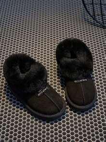Girls' Simple Plush Trim Snow Boots, Anti-Slip Soft Sole, Autumn/Winter - Black - View 7