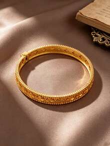 Letingsha 1pc Luxury Vintage Gold-Plated Four-Leaf Clover Pattern Bracelet Suitable For Women's Daily Wear And Wedding Accessory - Yellow Gold - View 4