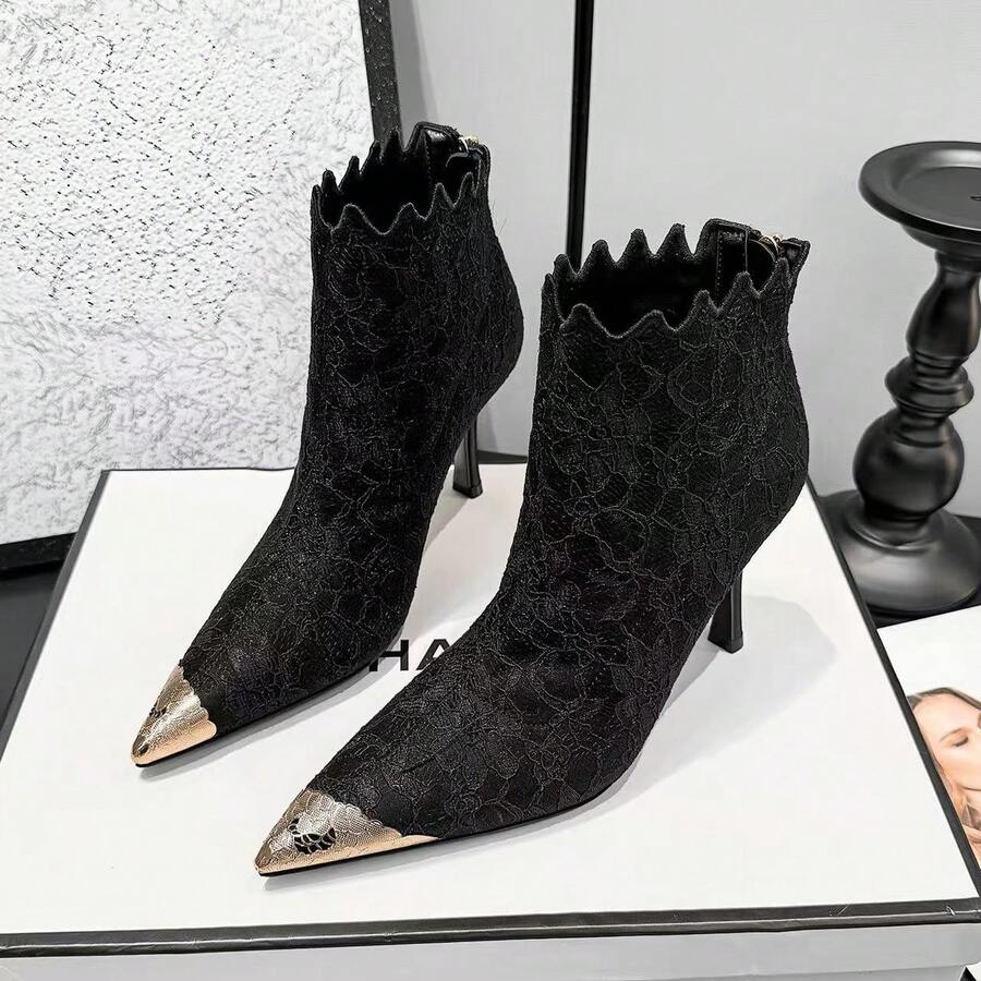 Women's Pointed-Toe Ankle Boots, Metal Toe Cap, Wavy Shaft Edge, Slim Stiletto Heel, Side Zipper - Black - View 1