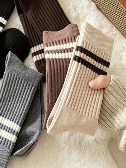 5 Pairs Men's Macaron Color Striped Mid-Calf Socks, Korean Fashion Multi-Functional Socks, Autumn/Winter Socks, Unisex Style