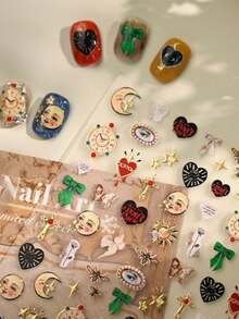 1pc/2pcs Fall Winter European Vintage Painted Pattern, Includes Clock, Heart, Star Moon, Bow, Bee, Portrait, Cross Elements, Embroidered Texture Embossed, DIY Nail Art Decoration Stickers - Multicolor - View 4