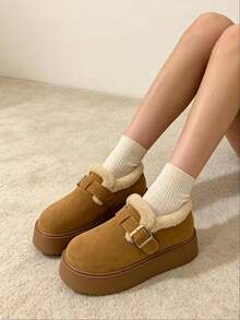 Botas de tobillo gruesas y cálidas de moda nueva de invierno para mujer, con decoración de hebilla de metal, cómodas botas de nieve. - Marrón - Ver 5