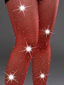 1 Pair Rhinestone Decorated Red Fishnet Socks - Red - View 5