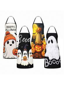 1pc/2pcs/4pcs Halloween Theme Apron, Cute Ghost Pumpkin Black Cat And Spider Web Print, Adjustable Halter Waterproof Kitchen Chef Apron, Suitable For Cooking Baking, Halloween Party Decoration, Gift For Women - Multicolor - View 3