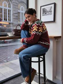Plus Size Women's Christmas Gingerbread Man Cable Sweater, Vintage Loose Crew Neck Cable Knit Lazy Knit Top - Red - View 2