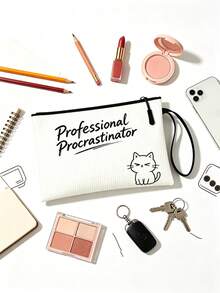 Creative Funny English Letter Slogan Makeup Bag Multi-Functional Large Capacity Pencil Case, Black And White Minimalist Graffiti Print Design With Unique Personalized And Humorous Style, Smooth Anti-Jam Zipper Closure With Portable Anti-Loss Wrist Strap For Strong Functionality, Selected High-Quality Durable Fabric Easy To Clean And Maintain For Proper Protection Of Internal Items, Perfect Surprise Gift Choice Tailored For Students Seeking Personal Expression, Humorous Teachers And Fashionable Young Women - Multiple Styles - View 9