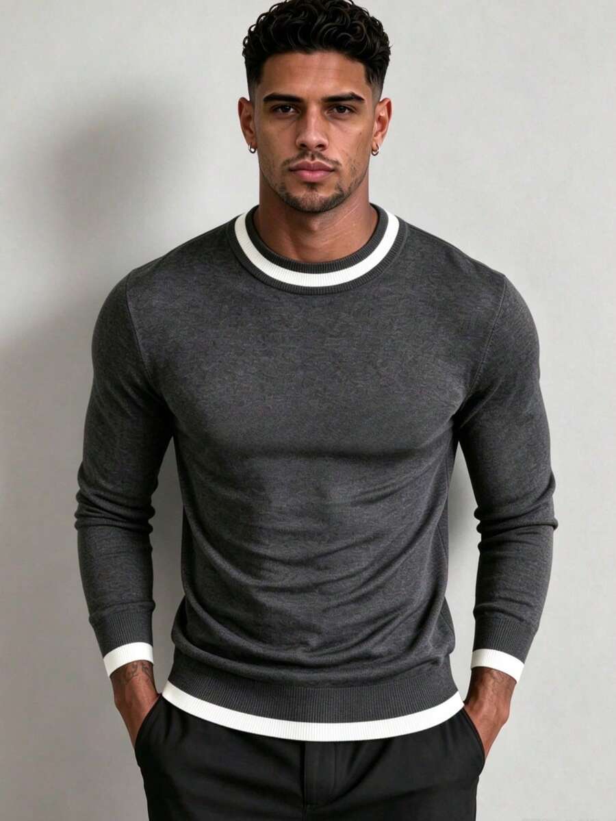 ZYNTH BALENO Men's Fashion Autumn/Winter Patchwork Slim Fit Regular Shoulder Mock Neck Long Sleeve Sweater, Suitable For Gym Workouts Sports - Dark Grey - View 1
