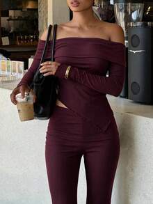 Women's Burgundy Asymmetric Hem Off-Shoulder Long Sleeve Top And Pants 2 Pieces Set, Elegant Casual Date Night Outfit, Christmas New Year Autumn/Winter Red Outfit, Vintage Style - Burgundy - View 1
