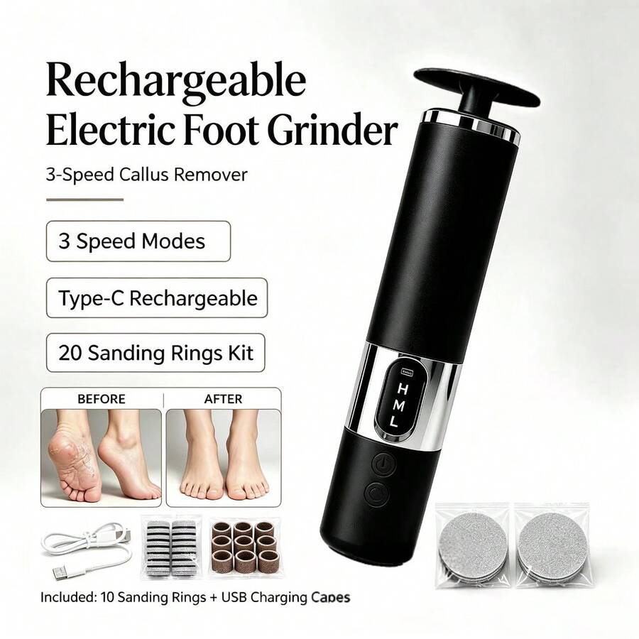 1200mAh Professional Electric Foot Exfoliator, Type-C Interface And LCD Display, Equipped With 20 Adjustable Sandpaper Grinding Discs, One-Touch Easy Operation, Suitable For Beginners, Unisex Foot Care Tool - View 1