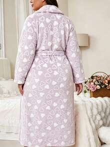 Plus Size Women's V-Neck Long Sleeve Flannel Thickened Robe, Autumn/Winter Casual Heart Pattern With Belt, Long Robe Loungewear - Grey - View 2