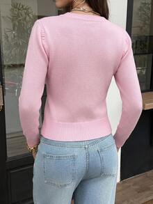 Just Masa Women's Fall Casual Cute Sweet Pink Basic Simple Sweater Cardigan,Long Sleeve Round Neck Button Up Rib-Knit Top,For Going Out,Party,Vacation - Pink - View 2
