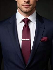 1 Set Fine Striped Tie, Pocket Square, Tie Clip 3 Pieces Set Suitable For Business Travel, Wedding, Banquet - Burgundy - View 2