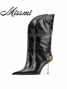 Women's Tall Boots, European And American New Style, Leather Pointed Toe High Heel Long Boots, Thin Heel Riding Boots, Winter - Black - View 1