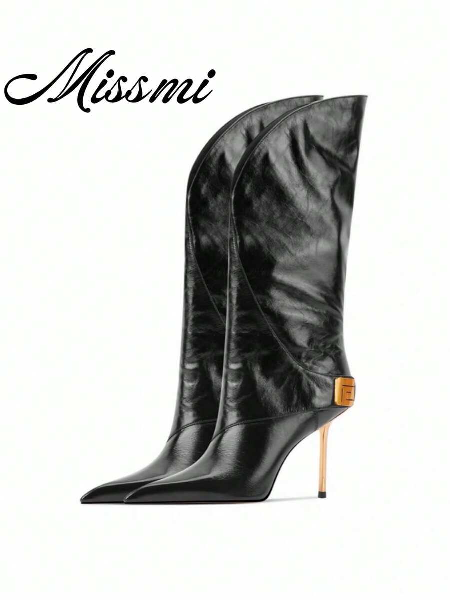 Women's Tall Boots, European And American New Style, Leather Pointed Toe High Heel Long Boots, Thin Heel Riding Boots, Winter - Black - View 1