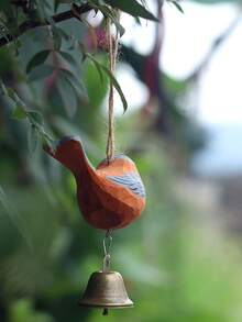 1pc Hand Carved Wooden Bird Wind Chime With Metal Bells, Garden Window Home Hanging Decor, Housewarming Gift - A - View 3