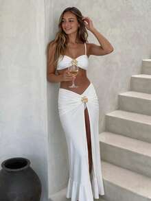 HOTTIE HABIT Women's 3-Piece Solid Color Swimsuit Set, White Spaghetti Strap Floral Decorated Top With Knotted Slit Ruffle Long Cover-Up Skirt, Suitable For Beach, Pool And Vacation - White - View 2