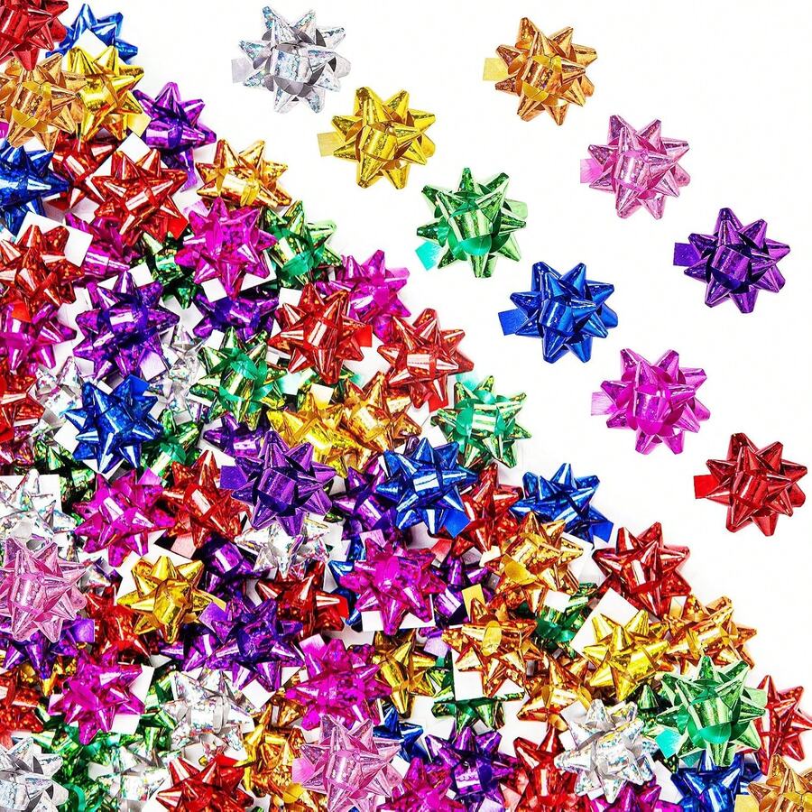 30/50/100/200 Christmas Gift Bows, 2-Inch/3-Inch New Year Ribbon Bows, Self-Adhesive Small Gift Bows For Packaging, Various Star-Shaped Metal Bows (In Random Colors) - Bow Star Flower - View 1