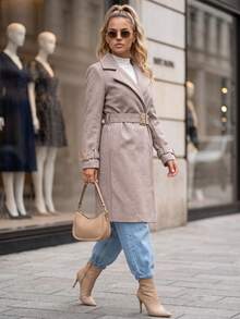 Women's Tailored Belted Coat, Wide Lapels, Buckle Cuffs, Knee Length, Lined With Pockets - Beige - View 2