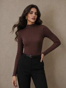 Elegant Minimalist Frill Trim Mock Neck Ribbed Long Sleeve Slim Fit Stretch Base Layer Top, Flattering Innerwear For Commuting Autumn Winter - Brown - View 4