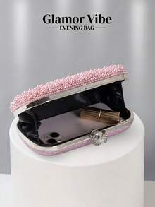 Elegant Pearl & Rhinestone Spiral Pattern Evening Clutch, Pearl Buckle Handbag - Pink - View 9