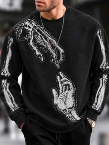 FRACTYR Men's Loose Crew Neck Sweatshirt, Vintage Skeleton Arm And Palm Sketch Print Long Sleeve Pullover, Dark Punk Streetwear - Black - View 4