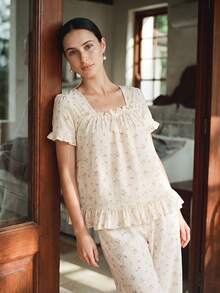 RS Pajama1 Floral Print Bubble Crepe Ruffle Short Sleeve Set, With Bow Decoration, Square Neck Loose Fit - Apricot - View 5