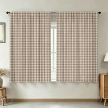 2件米色格紋印花窗簾，農舍風，臥室客廳書房窗簾，孔眼頂部聚酯纖維，家居裝飾 - 卡其色 - 查看 9