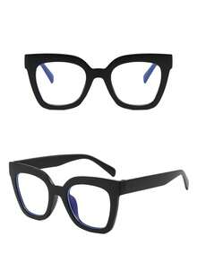 1 Pair Women's Square Plain Fashion Glasses, Clear Lenses, Suitable For Reading, Gaming, Watching TV, Using Computer And Phone - Black Flat - View 2