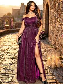 Plus Size Elegant Cold Shoulder Ruched Waist Metallic Thread High Slit A-Line Long Dress, Formal Evening Gown For Party, Wedding, Daily Wear - Hot Pink - View 5
