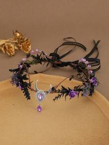Moon Crystal Flower Crown Headband Black Leaves Gothic Witch Elf Fairy Headpiece Halloween Cosplay Renaissance Wedding Party Hair Accessory - Multicolor - View 5