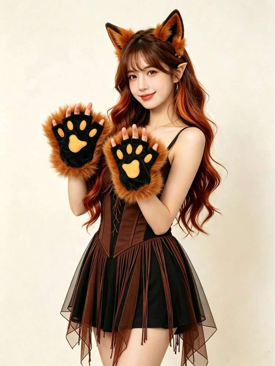 1 Pair New Yellow Long Fur Cat Paw Party Dance Gloves - A - View 1