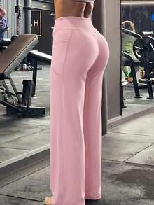 Pink High-Waist Wide-Leg Yoga Pants With Side Phone Pocket, Draped Slimming High-Elastic Commute & Sports Long Pants - Pink - View 4