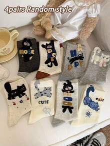 1/4/8 Pairs Cartoon Cat Mid-Calf Socks For Women, With Cute Lettering, Ins-Style, Versatile Socks - Multicolor - View 10
