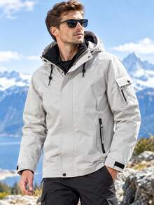 1pc Men's Outdoor Hooded Windbreaker, Water-Resistant, Multi-Pocket, Cargo Style Style Jacket, Autumn/Winter - Khaki - View 1