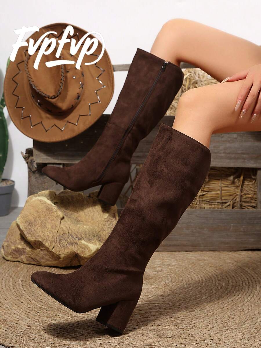 FVPFVP Inspired Patent Leather Square Toe Tall Boots, Slim Fit Chunky Heel Riding Boots For Women, Autumn/Winter