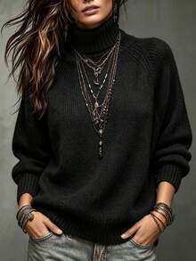 Women's Casual Retro Solid Color Brown Raglan Sleeve Knit Pullover Sweater Long Sleeves High Neck Rib-Knit Sweater - Black - View 3