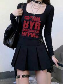 Kaos Wanita Lengan Pendek/Panjang Musim Semi/Gugur Terbaru Generasi Y2K Desain Seru Cetak Bahasa Inggris Gaya Korea Leher U Serbaguna Kasual Slim Fit - Hitam - View 3