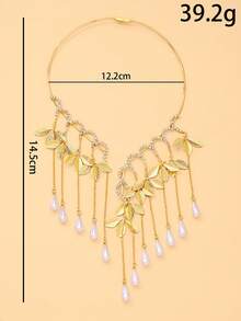 1pc Elegant Leaf Water Drop Pearl Tassel Choker Necklace, Rhinestone Decorated Open Collar Exaggerated Necklace, Women's Wedding Party Jewelry - Rhinestones - View 9